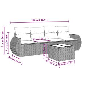 vidaXL 5-delige Loungeset met kussens poly rattan grijs