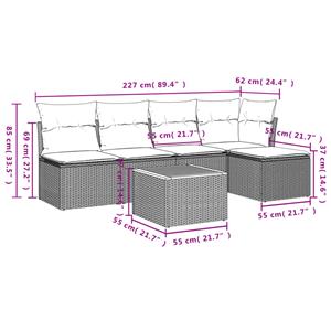 vidaXL 6-delige Loungeset met kussens poly rattan grijs