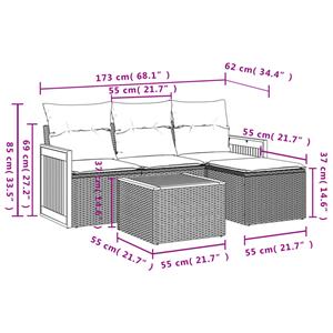 vidaXL 5-delige Loungeset met kussens poly rattan grijs