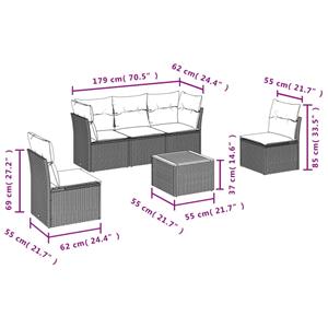 vidaXL 6-delige Loungeset met kussens poly rattan zwart