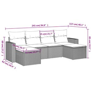 vidaXL 6-delige Loungeset met kussens poly rattan grijs