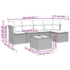 vidaXL 6-delige Loungeset met kussens poly rattan grijs