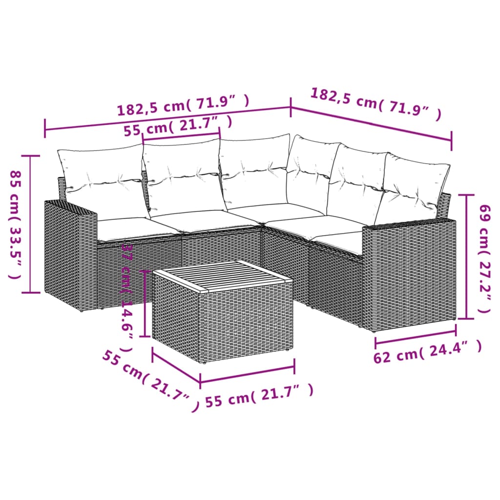 vidaXL 6-delige Loungeset met kussens poly rattan beige