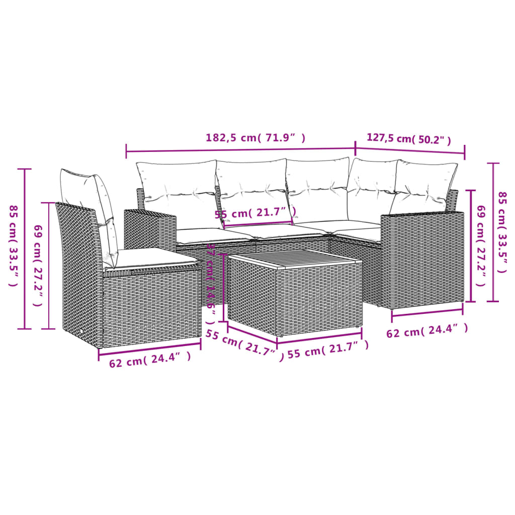 vidaXL 6-delige Loungeset met kussens poly rattan beige