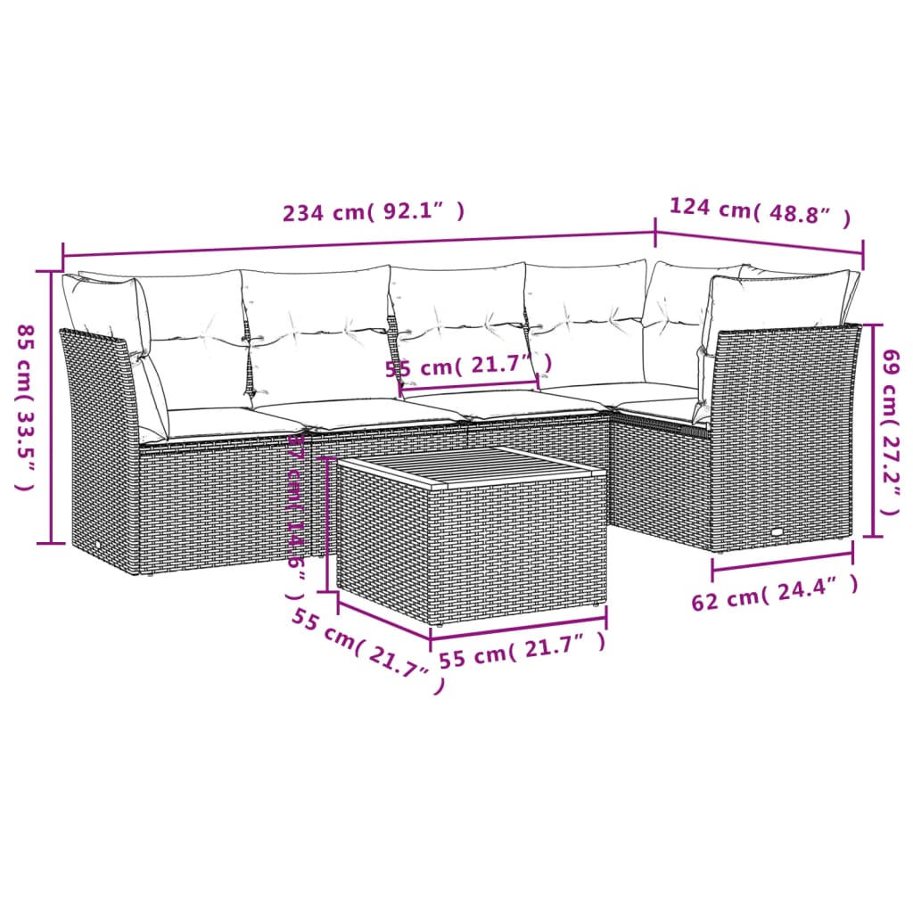 vidaXL 6-delige Loungeset met kussens poly rattan beige