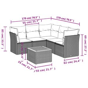 vidaXL 6-delige Loungeset met kussens poly rattan grijs