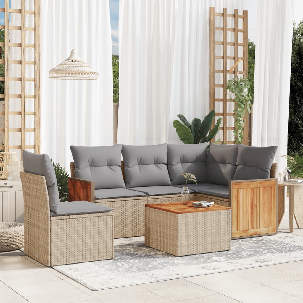 vidaxl 6-delige Loungeset met kussens poly rattan beige