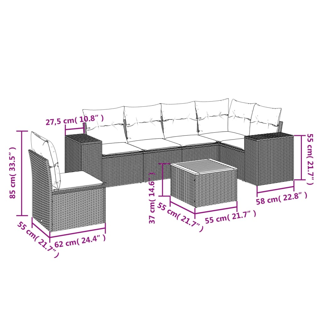 vidaXL 7-delige Loungeset met kussens poly rattan beige