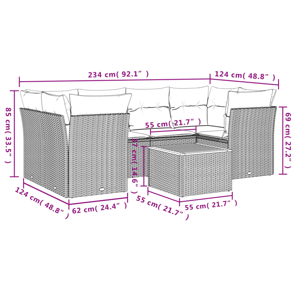 vidaXL 7-delige Loungeset met kussens poly rattan beige