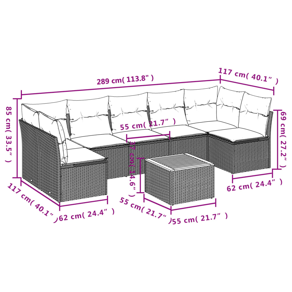 vidaXL 8-delige Loungeset met kussens poly rattan beige