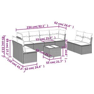 vidaXL 9-delige Loungeset met kussens poly rattan zwart