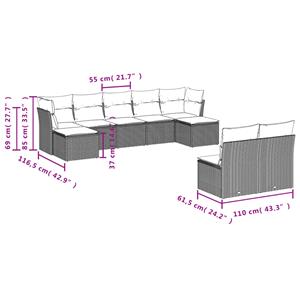 vidaXL 9-delige Loungeset met kussens poly rattan grijs