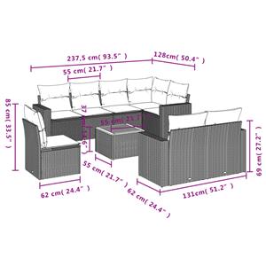 vidaXL 9-delige Loungeset met kussens poly rattan grijs