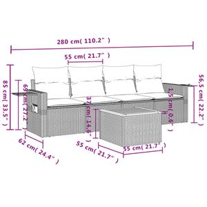 vidaXL 5-delige Loungeset met kussens poly rattan gemengd beige