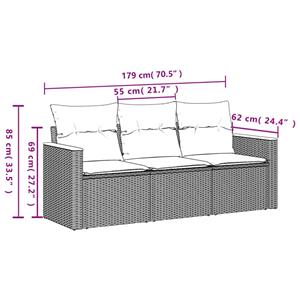 vidaXL 3-delige Loungeset met kussens poly rattan grijs