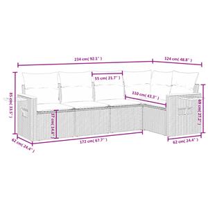 vidaXL 5-delige Loungeset met kussens poly rattan grijs