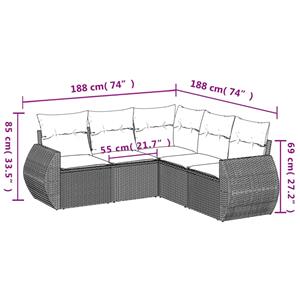 vidaXL 5-delige Loungeset met kussens poly rattan grijs