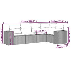 vidaXL 5-delige Loungeset met kussens poly rattan grijs