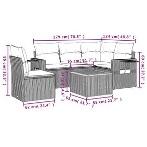 vidaXL 6-delige Loungeset met kussens poly rattan grijs