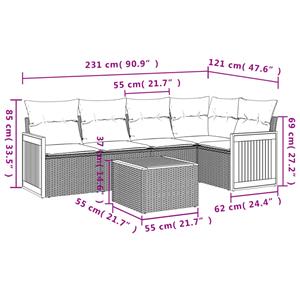 vidaXL 6-delige Loungeset met kussens poly rattan grijs