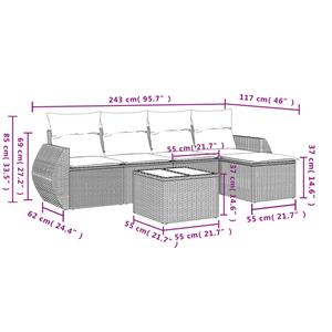 vidaXL 6-delige Loungeset met kussens poly rattan grijs