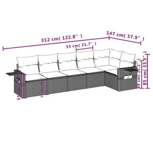 vidaXL 6-delige Loungeset met kussens poly rattan grijs