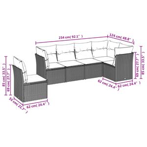 vidaXL 6-delige Loungeset met kussens poly rattan grijs