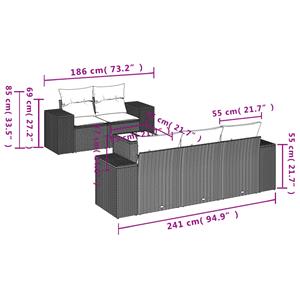 vidaXL 6-delige Loungeset met kussens poly rattan grijs