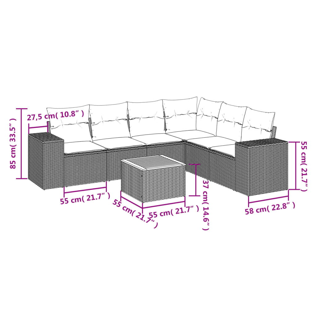 vidaXL 7-delige Loungeset met kussens poly rattan beige