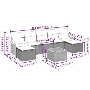 vidaXL 8-delige Loungeset met kussens poly rattan grijs