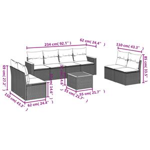 vidaXL 9-delige Loungeset met kussens poly rattan zwart