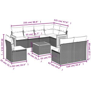 vidaXL 9-delige Loungeset met kussens poly rattan zwart