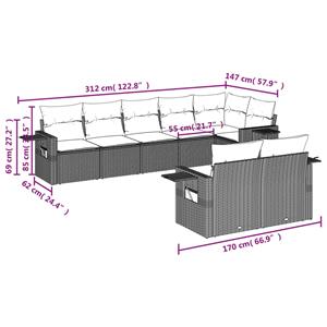 vidaXL 8-delige Loungeset met kussens poly rattan grijs