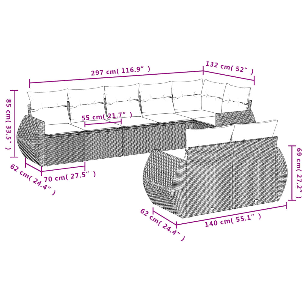 vidaXL 8-delige Loungeset met kussens poly rattan beige