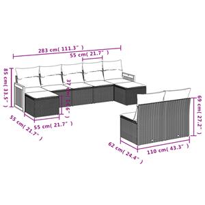 vidaXL 9-delige Loungeset met kussens poly rattan grijs