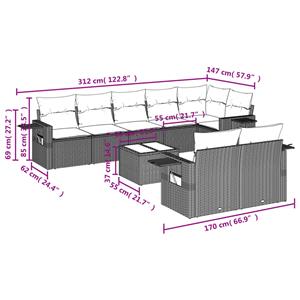 vidaXL 9-delige Loungeset met kussens poly rattan zwart