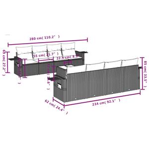 vidaXL 9-delige Loungeset met kussens poly rattan grijs