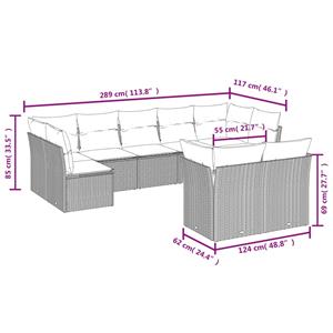 vidaXL 9-delige Loungeset met kussens poly rattan grijs