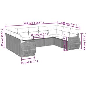 vidaXL 9-delige Loungeset met kussens poly rattan grijs