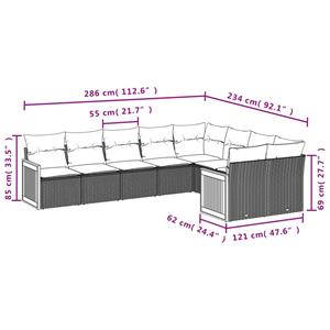 vidaXL 9-delige Loungeset met kussens poly rattan grijs