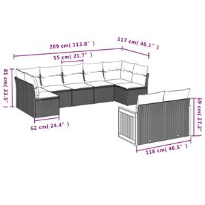 vidaXL 9-delige Loungeset met kussens poly rattan grijs