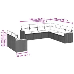 vidaXL 9-delige Loungeset met kussens poly rattan grijs