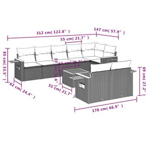 vidaXL 9-delige Loungeset met kussens poly rattan grijs