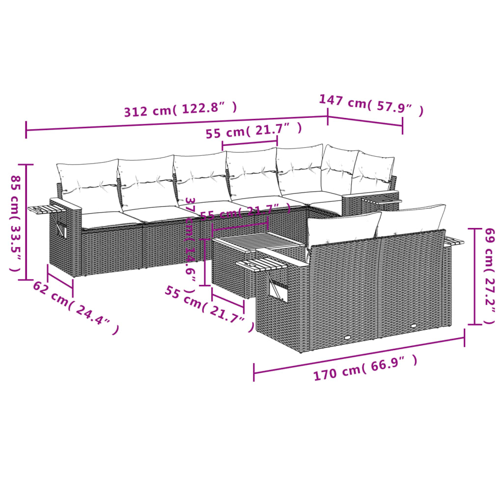 vidaXL 9-delige Loungeset met kussens poly rattan beige