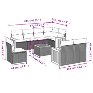 vidaXL 9-delige Loungeset met kussens poly rattan grijs