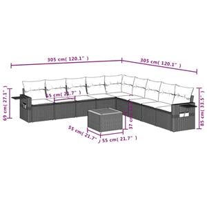 vidaXL 10-delige Loungeset met kussens poly rattan grijs