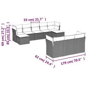 vidaXL 10-delige Loungeset met kussens poly rattan grijs