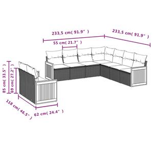 vidaXL 9-delige Loungeset met kussens poly rattan grijs