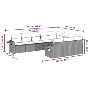 vidaXL 10-delige Loungeset met kussens poly rattan grijs