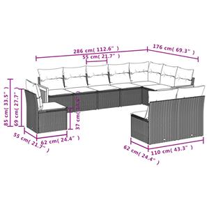 vidaXL 10-delige Loungeset met kussens poly rattan grijs